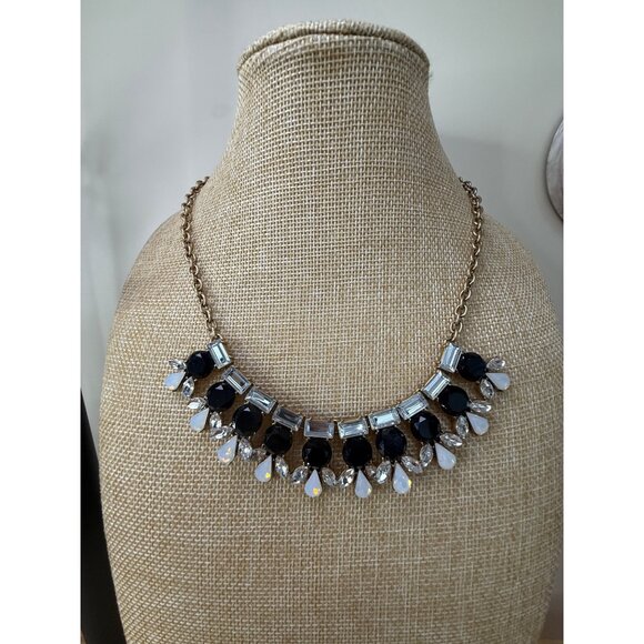 J. Crew Statement Necklace Gold Chain With Black & Clear Stones Teardrop - Picture 9 of 9